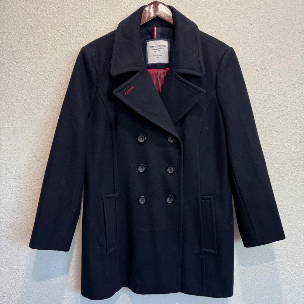 Tommy Hilfiger Womens Black Wool Blend Double Breasted Pea Coat XL